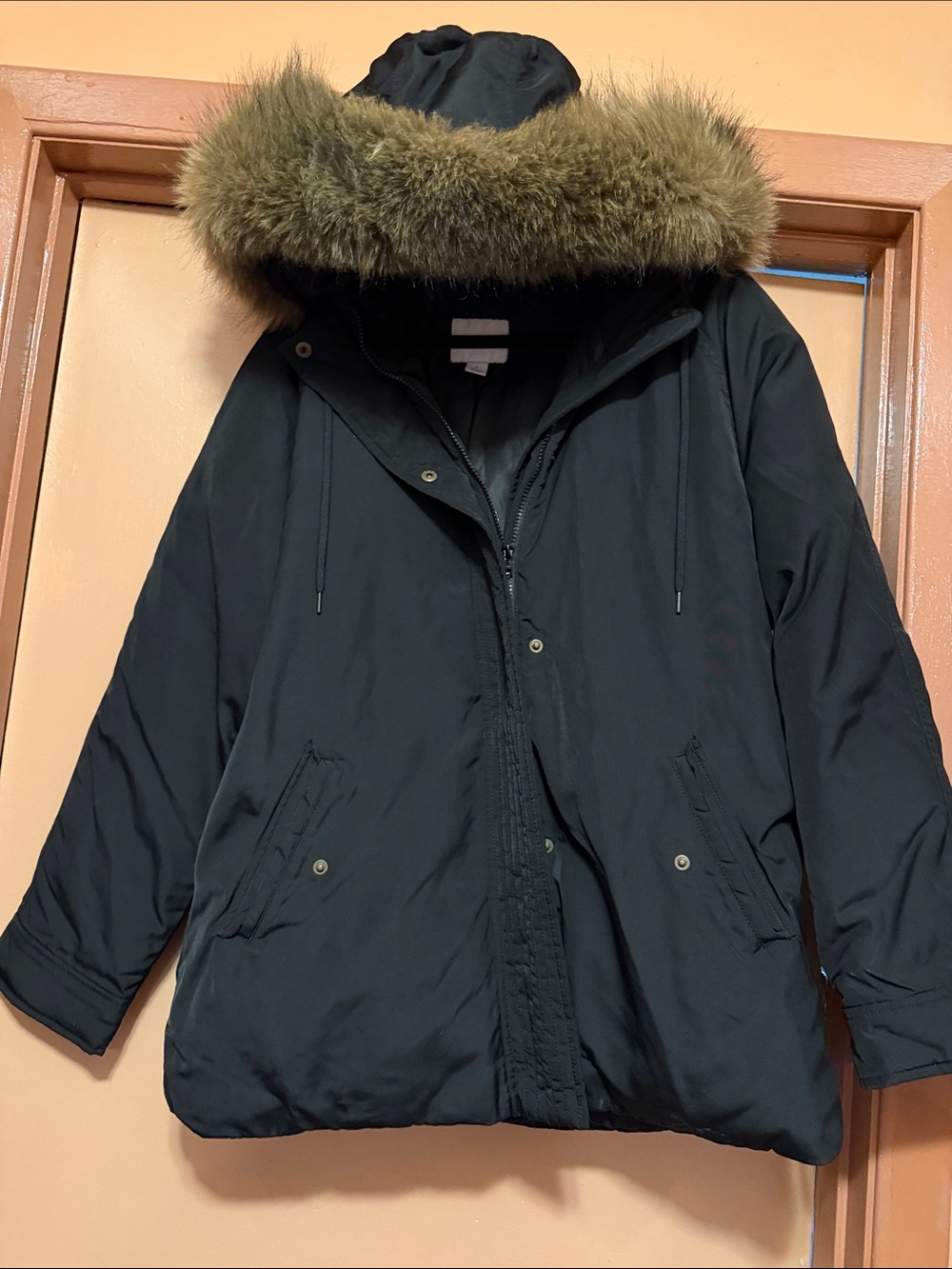 Old Navy Black Puffer Parka with Faux Fur Trim Hood